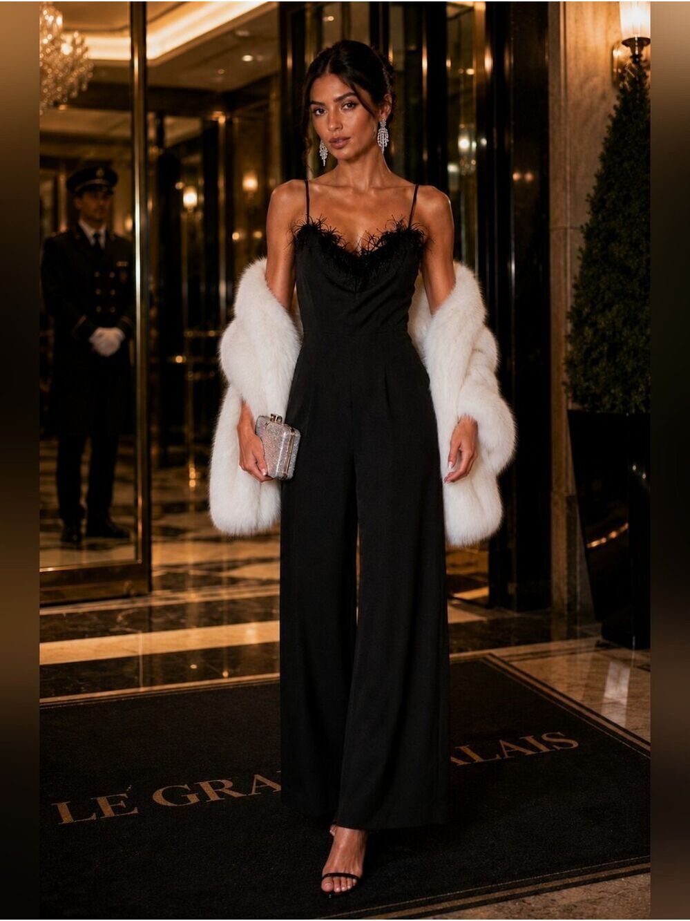 Sam Edelman Feather Trim Wide Leg Jumpsuit Black Cocktail Gala 10